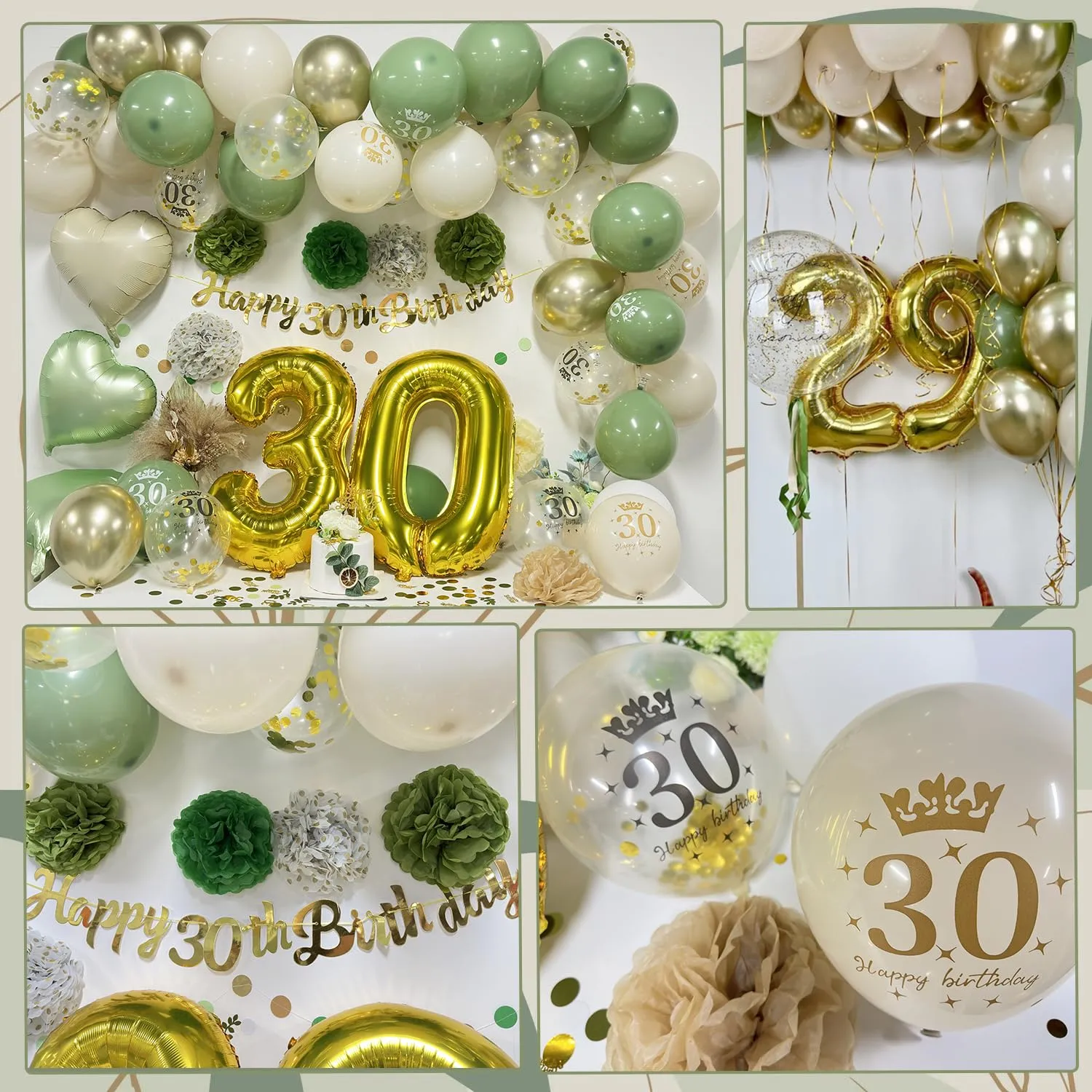 Almaxi Set Decorazioni 30 Anni Compleanno Oro e Verde Salvia con Palloncini, Striscione e Pompon - immagine 5