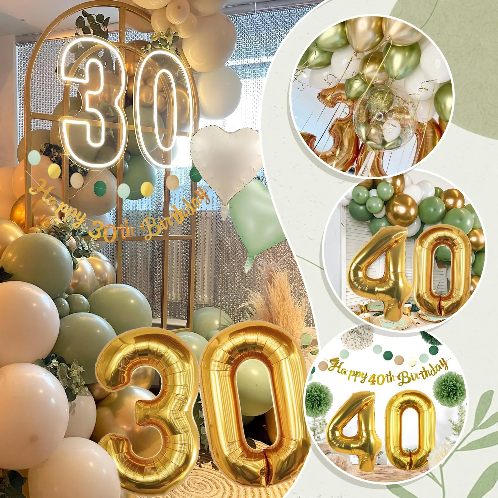 Almaxi Set Decorazioni 30 Anni Compleanno Oro e Verde Salvia con Palloncini, Striscione e Pompon - immagine 6