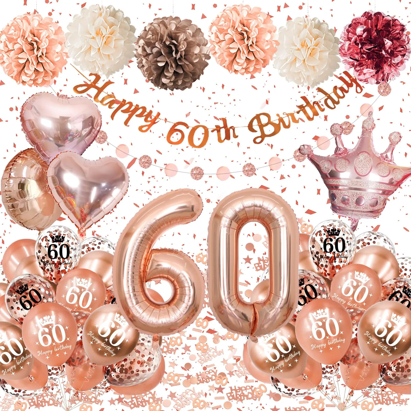 Almaxi Set Decorazioni 60 Anni Compleanno Donna Oro Rosa con Palloncini e Striscione - immagine 1