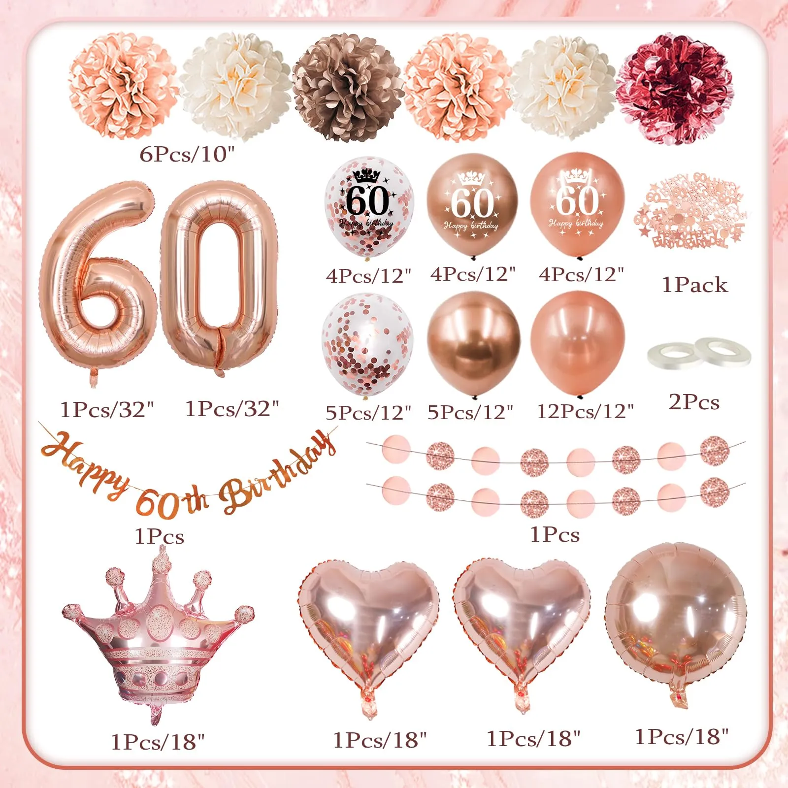 Almaxi Set Decorazioni 60 Anni Compleanno Donna Oro Rosa con Palloncini e Striscione - immagine 2