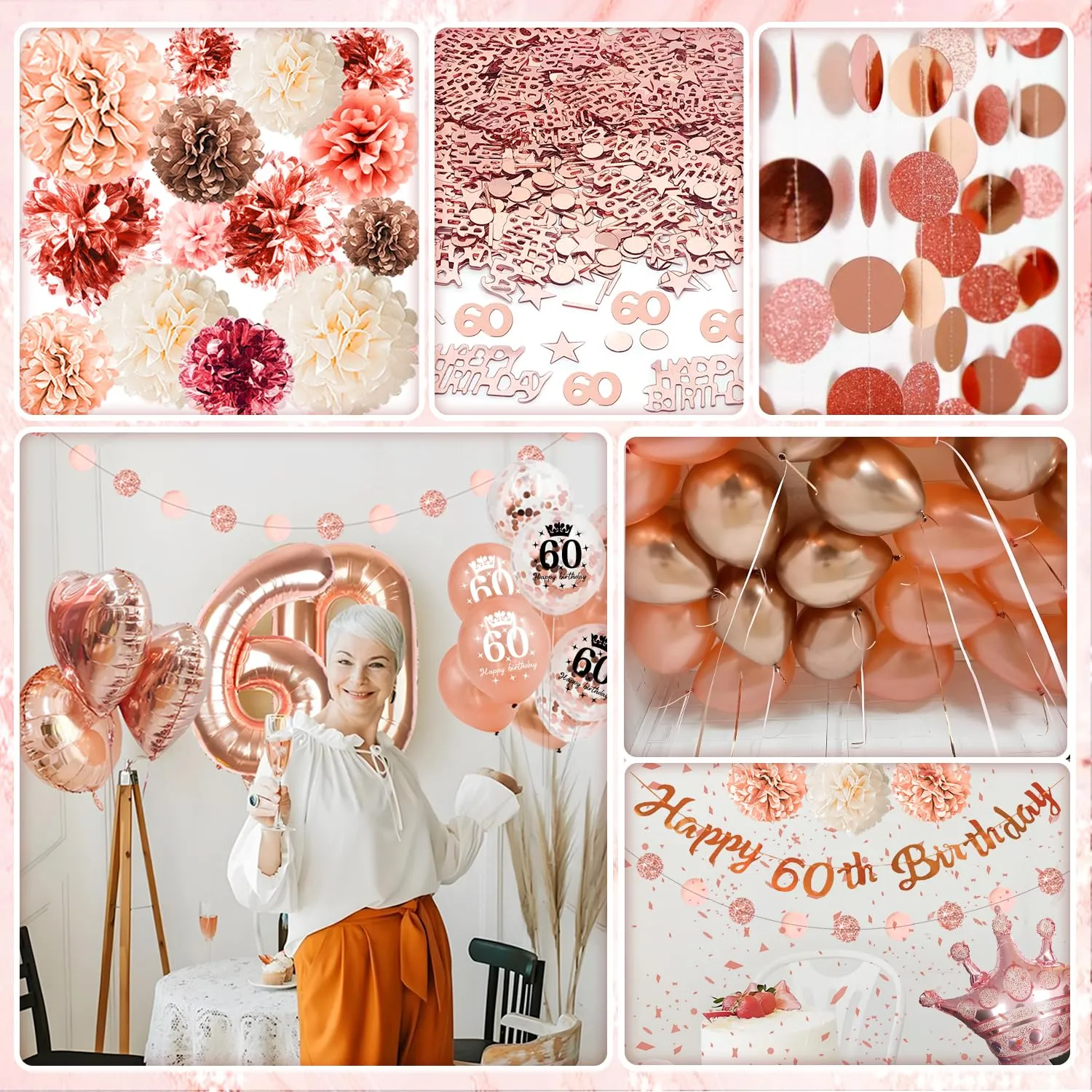 Almaxi Set Decorazioni 60 Anni Compleanno Donna Oro Rosa con Palloncini e Striscione - immagine 4