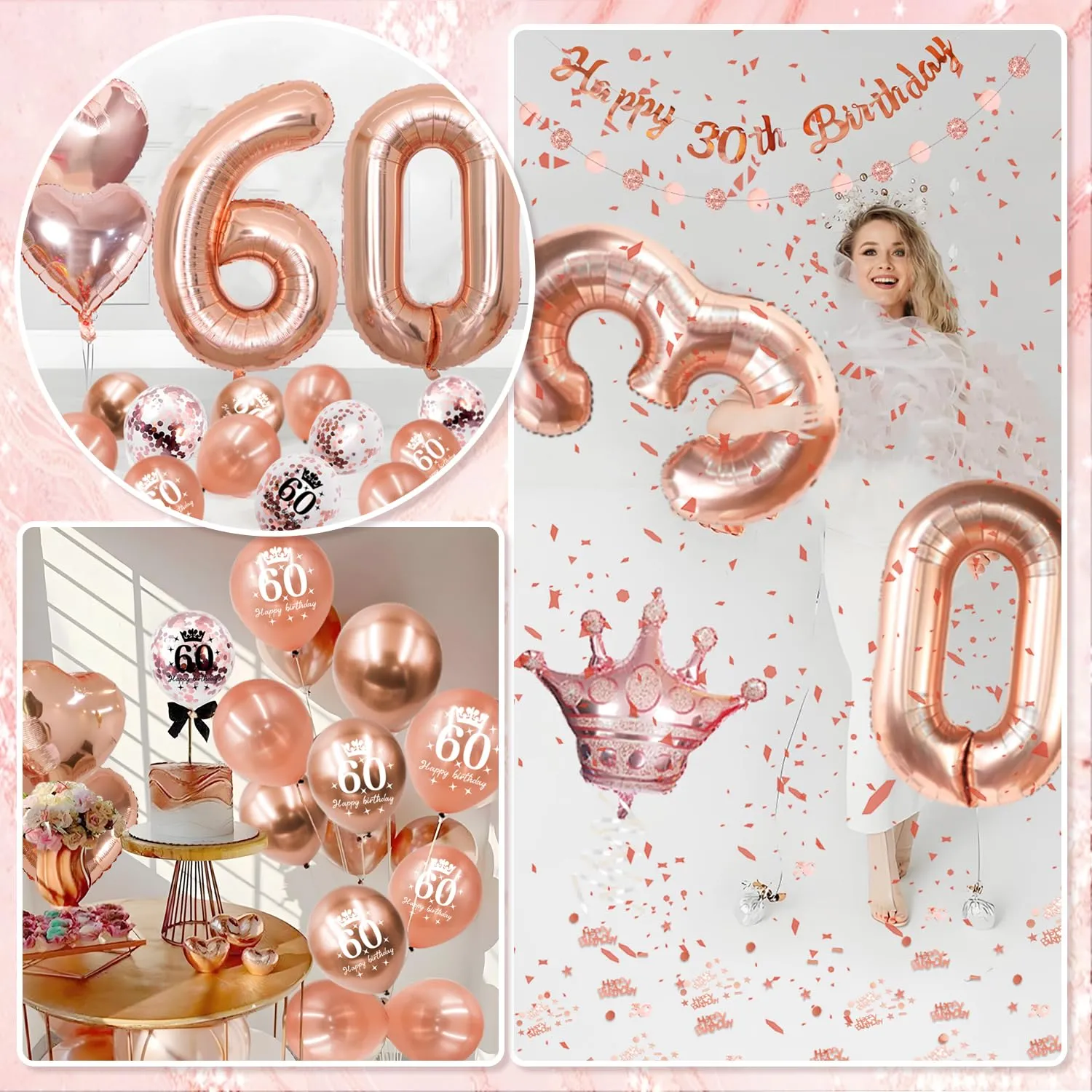 Almaxi Set Decorazioni 60 Anni Compleanno Donna Oro Rosa con Palloncini e Striscione - immagine 5