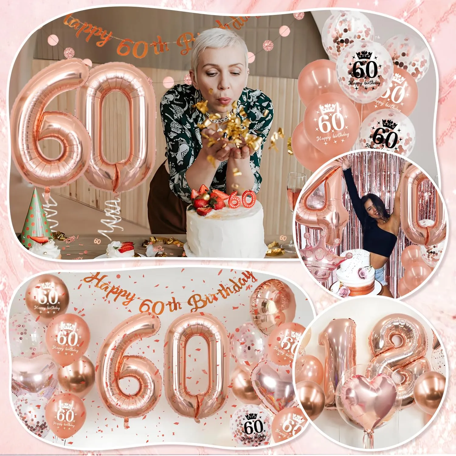 Almaxi Set Decorazioni 60 Anni Compleanno Donna Oro Rosa con Palloncini e Striscione - immagine 6