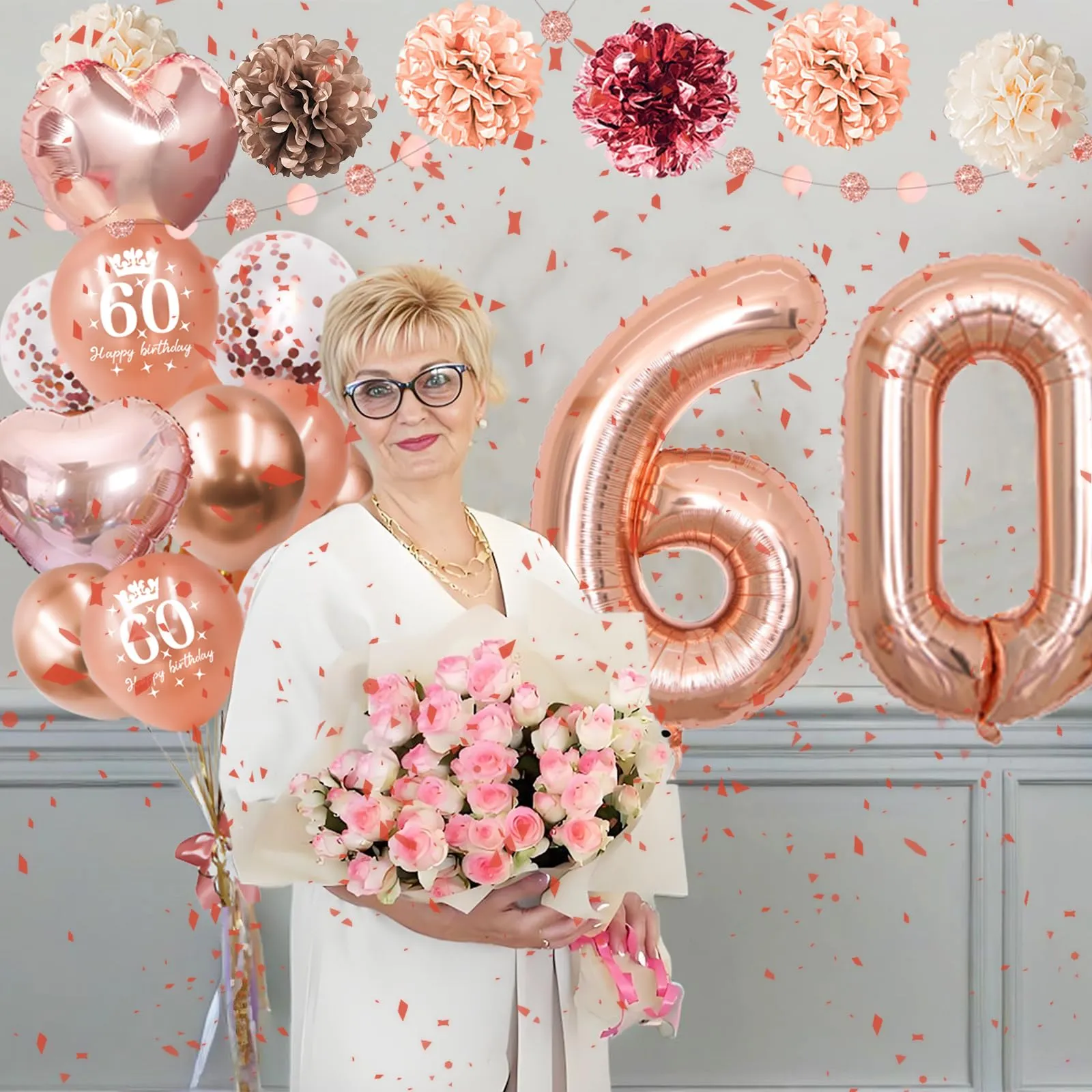Almaxi Set Decorazioni 60 Anni Compleanno Donna Oro Rosa con Palloncini e Striscione - immagine 7