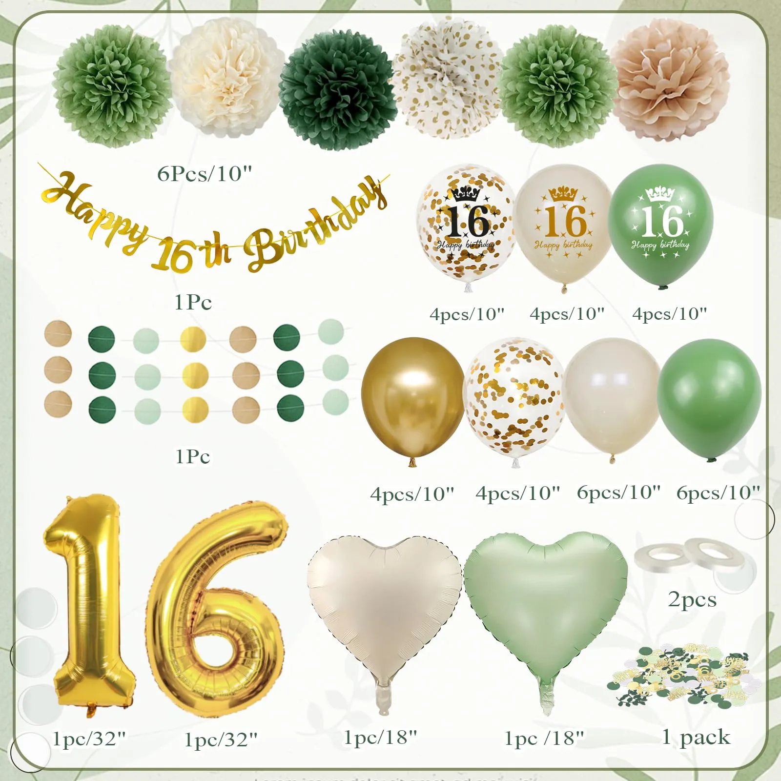 Almaxi Set Decorazioni Compleanno 16 Anni Verde Oro, Palloncini e Accessori EMGN16 - immagine 2
