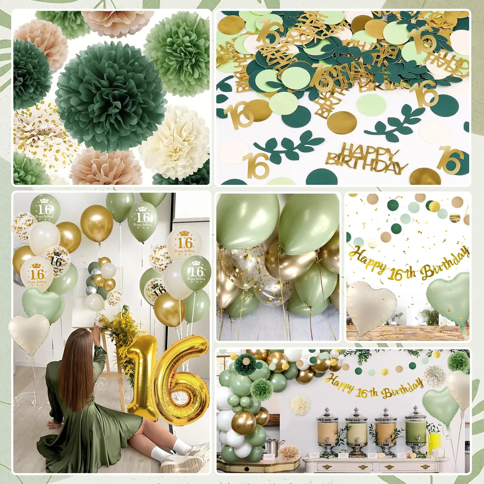 Almaxi Set Decorazioni Compleanno 16 Anni Verde Oro, Palloncini e Accessori EMGN16 - immagine 3