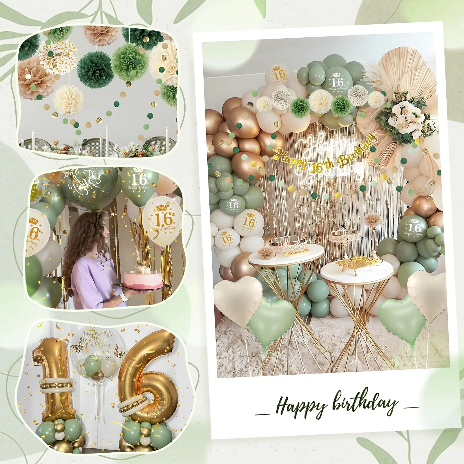 Almaxi Set Decorazioni Compleanno 16 Anni Verde Oro, Palloncini e Accessori EMGN16 - immagine 4
