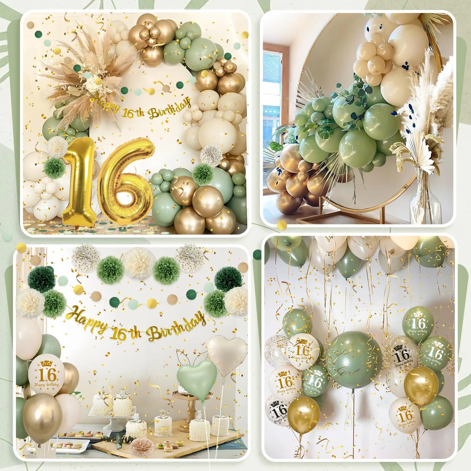 Almaxi Set Decorazioni Compleanno 16 Anni Verde Oro, Palloncini e Accessori EMGN16 - immagine 5