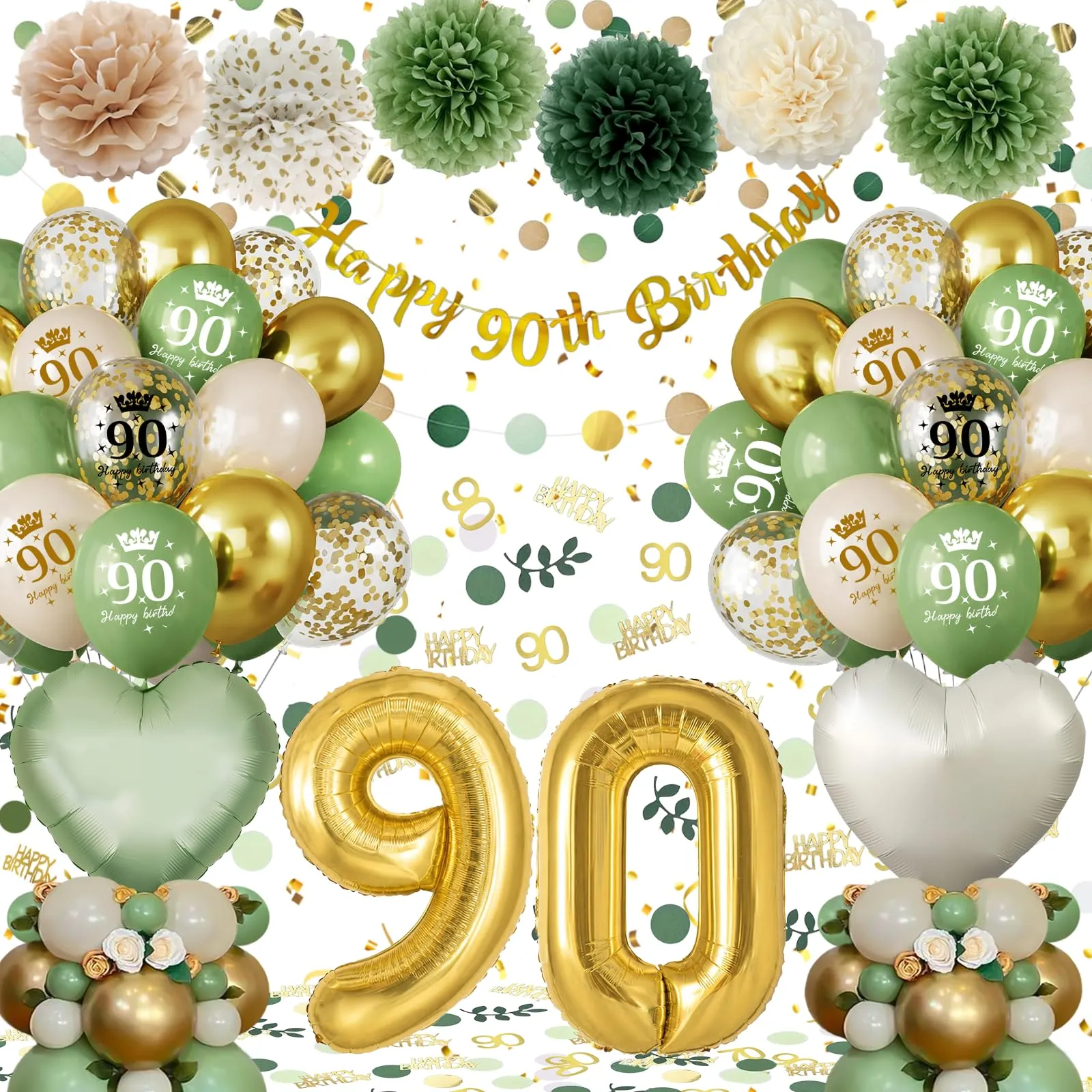 Almaxi Set Decorazioni 90 Anni Compleanno Verde Oro, Palloncini Numero 90 32 Pollici, Striscione e Accessori - immagine 1