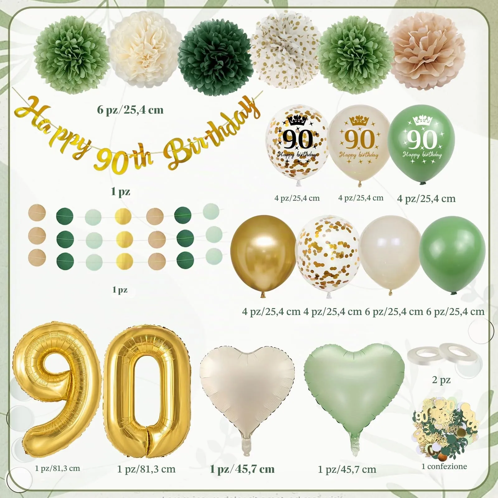 Almaxi Set Decorazioni 90 Anni Compleanno Verde Oro, Palloncini Numero 90 32 Pollici, Striscione e Accessori - immagine 2