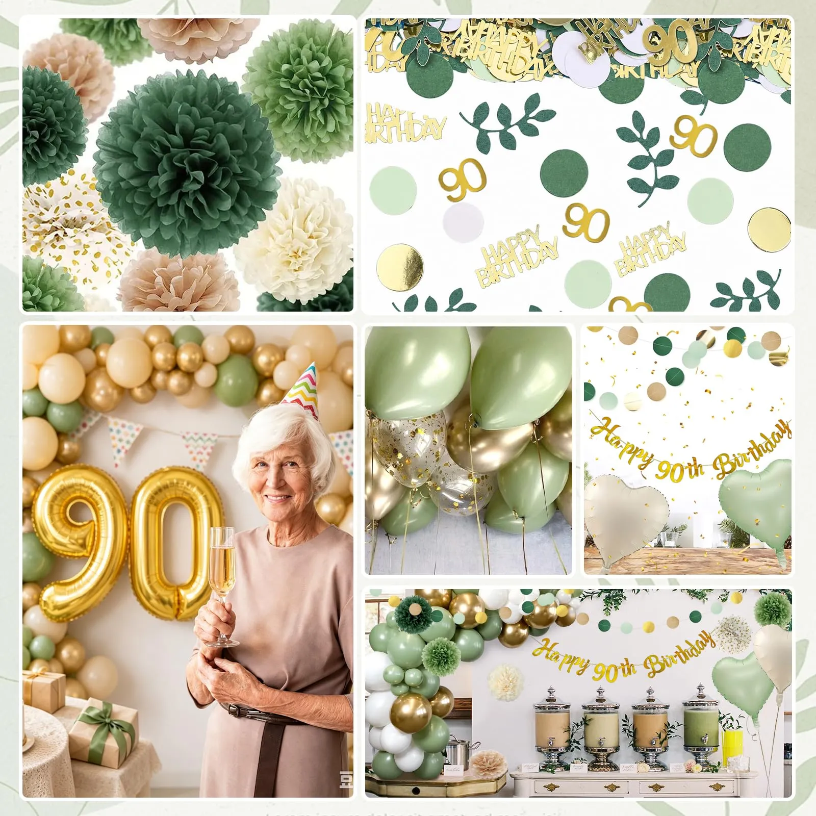 Almaxi Set Decorazioni 90 Anni Compleanno Verde Oro, Palloncini Numero 90 32 Pollici, Striscione e Accessori - immagine 3