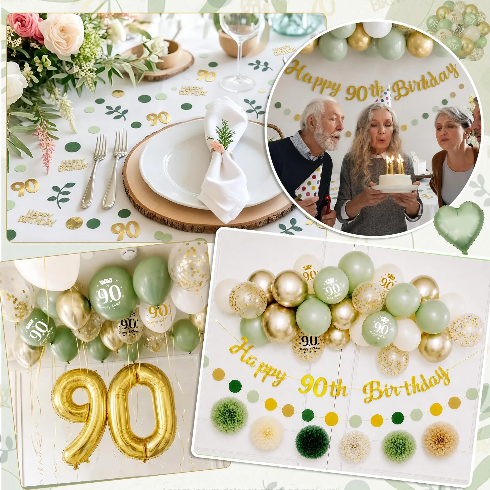 Almaxi Set Decorazioni 90 Anni Compleanno Verde Oro, Palloncini Numero 90 32 Pollici, Striscione e Accessori - immagine 4