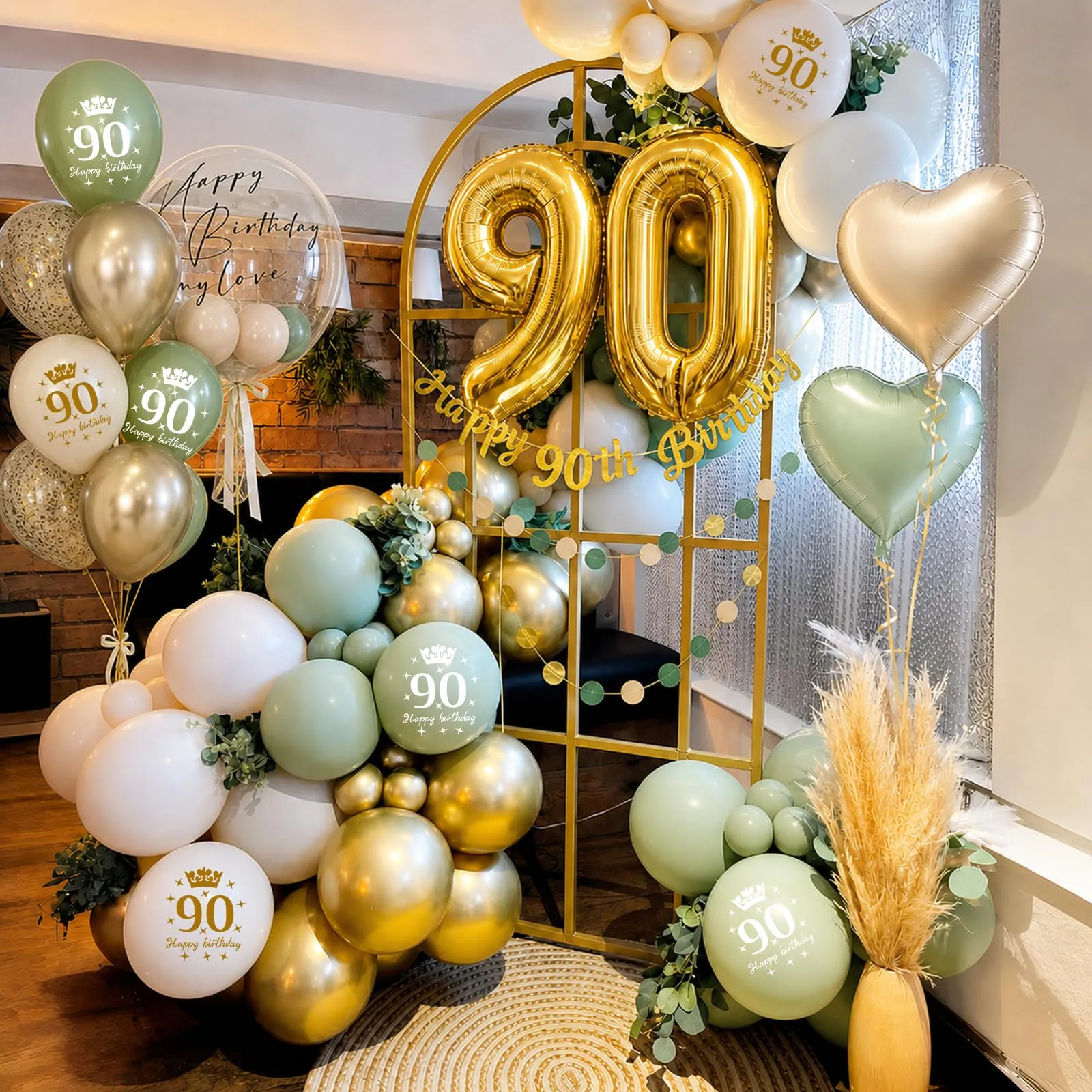 Almaxi Set Decorazioni 90 Anni Compleanno Verde Oro, Palloncini Numero 90 32 Pollici, Striscione e Accessori - immagine 5