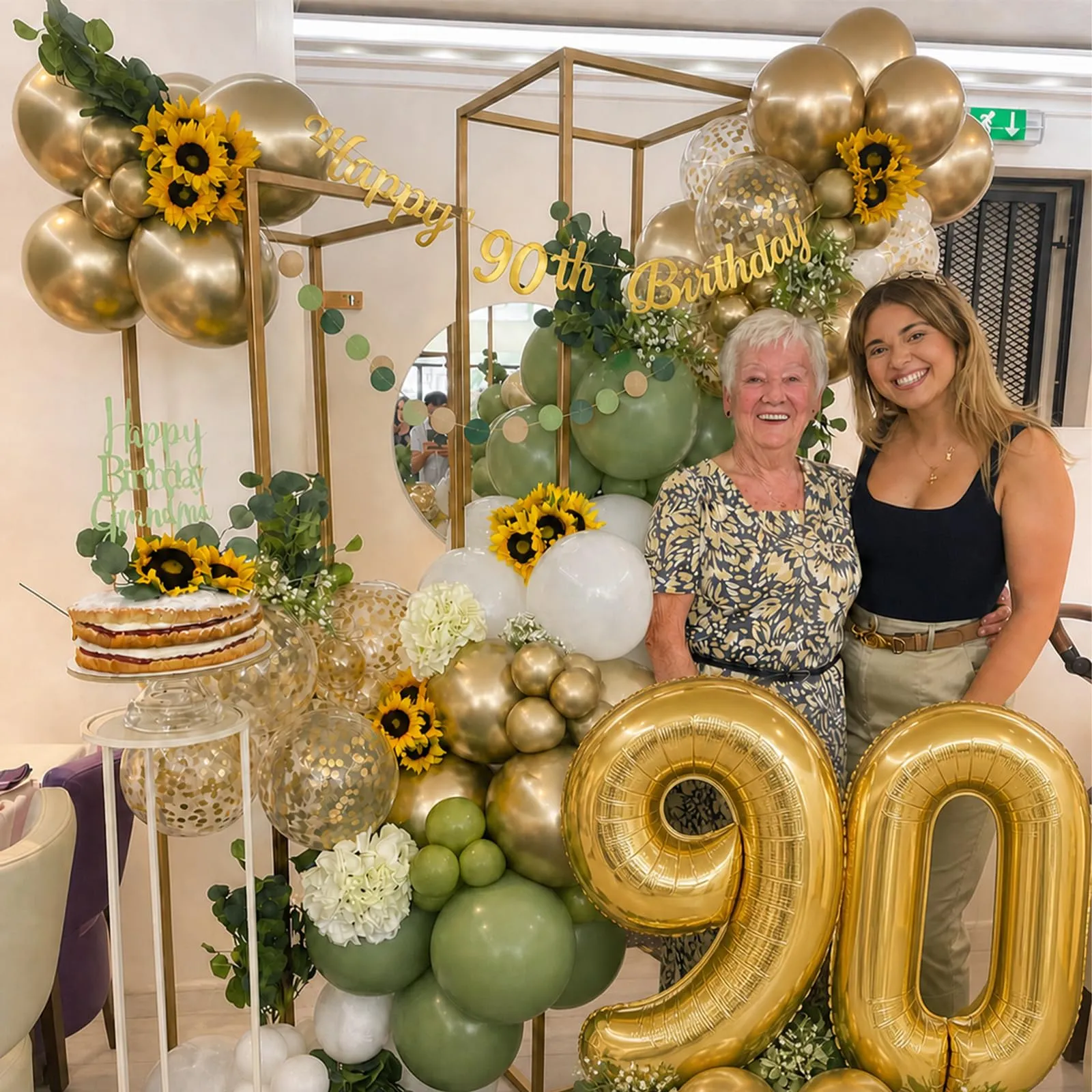 Almaxi Set Decorazioni 90 Anni Compleanno Verde Oro, Palloncini Numero 90 32 Pollici, Striscione e Accessori - immagine 7