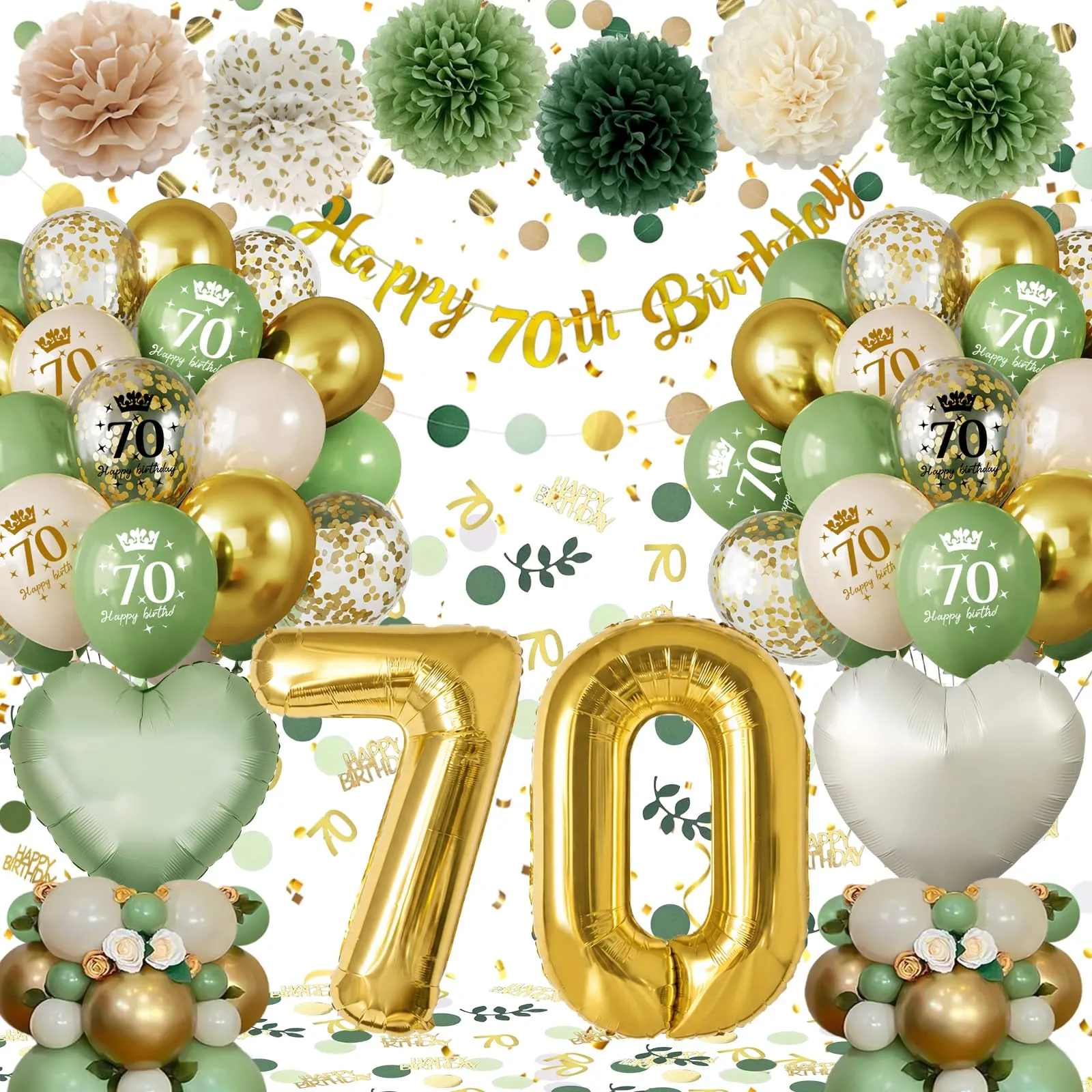 Almaxi Set Decorazioni 70 Anni Compleanno Verde Oro, Palloncini e Striscione Happy 70th Birthday - immagine 1