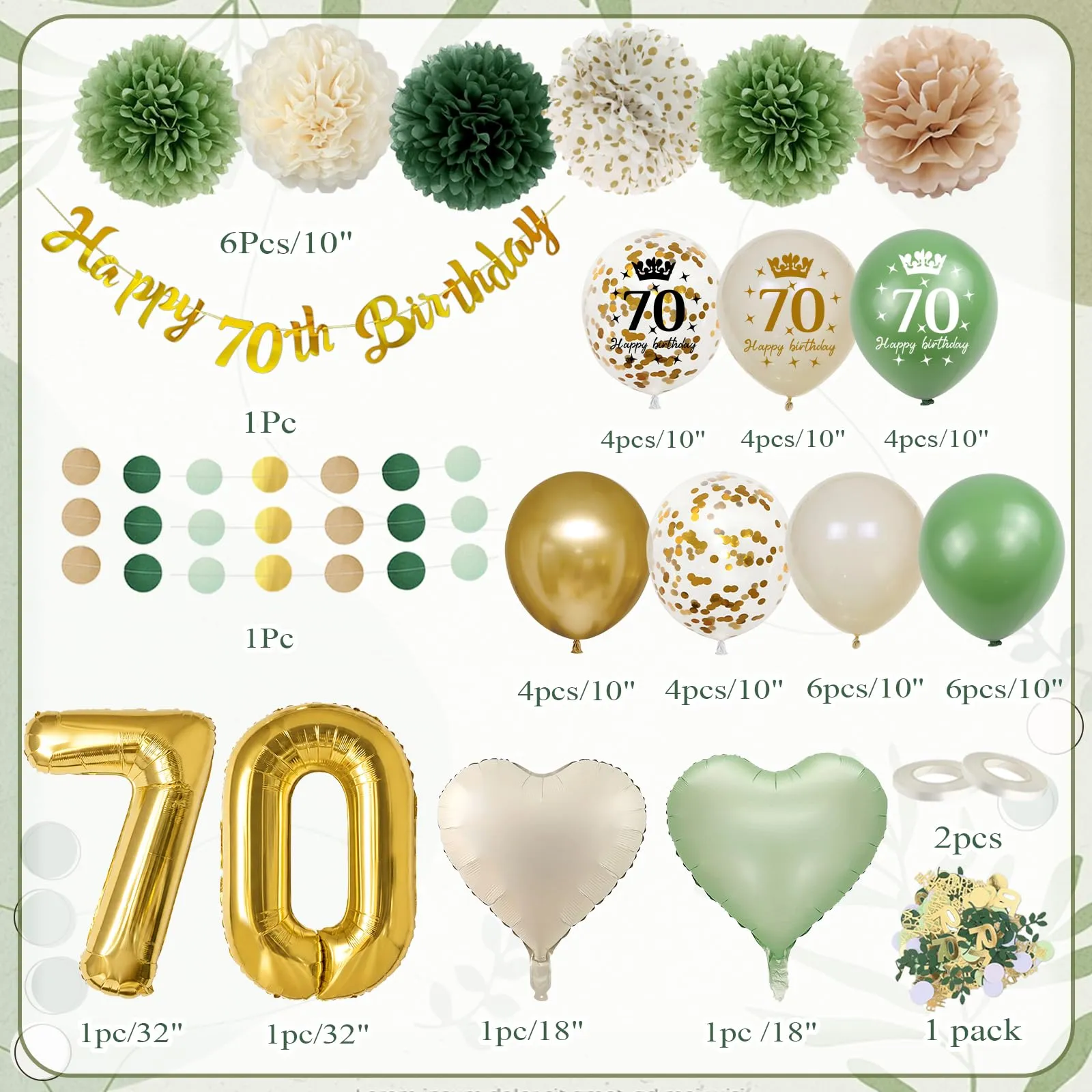 Almaxi Set Decorazioni 70 Anni Compleanno Verde Oro, Palloncini e Striscione Happy 70th Birthday - immagine 2
