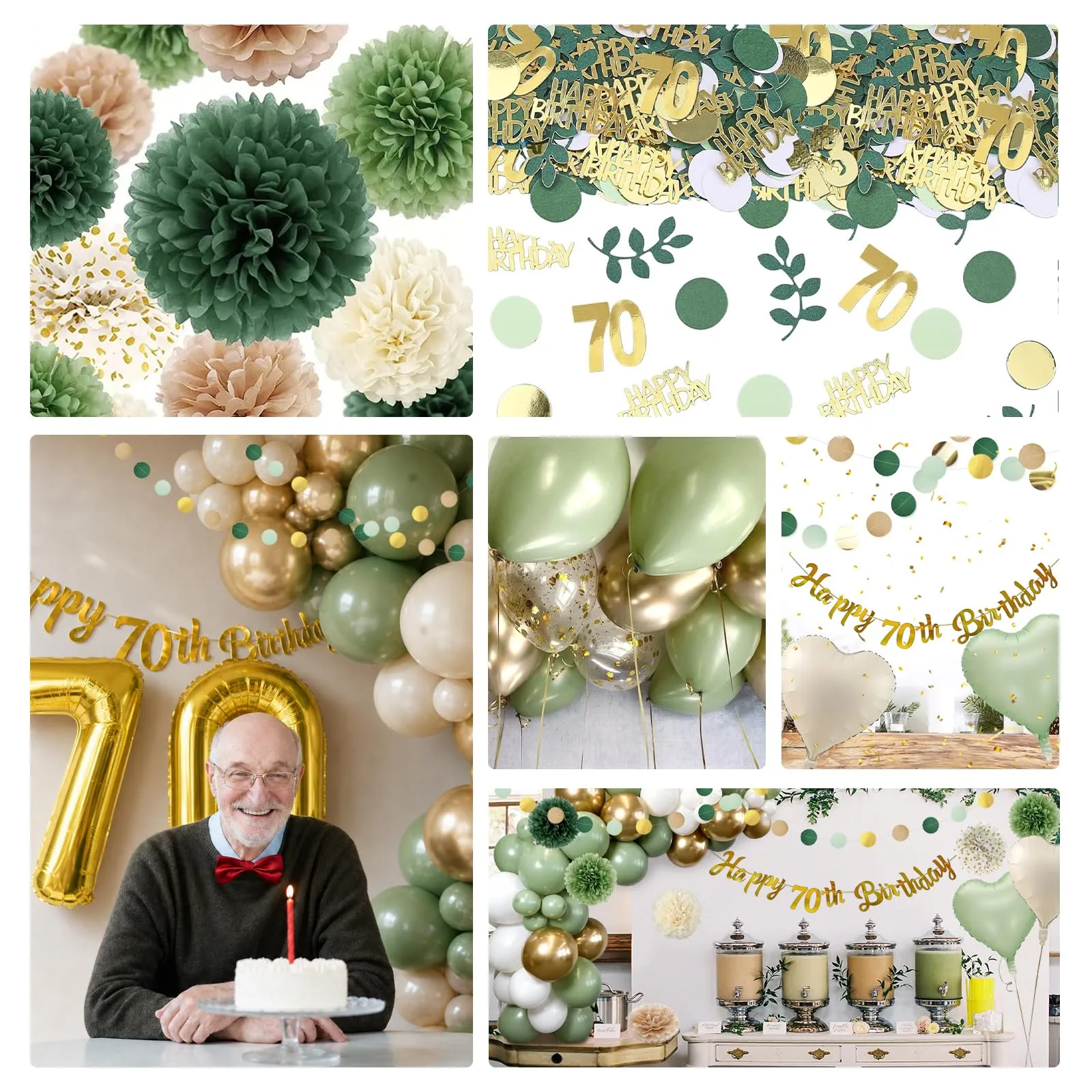 Almaxi Set Decorazioni 70 Anni Compleanno Verde Oro, Palloncini e Striscione Happy 70th Birthday - immagine 3