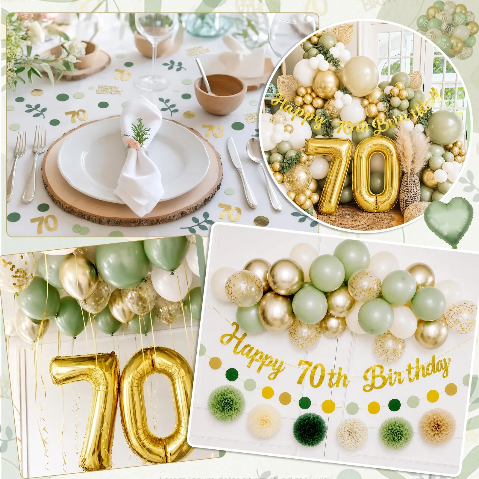 Almaxi Set Decorazioni 70 Anni Compleanno Verde Oro, Palloncini e Striscione Happy 70th Birthday - immagine 4