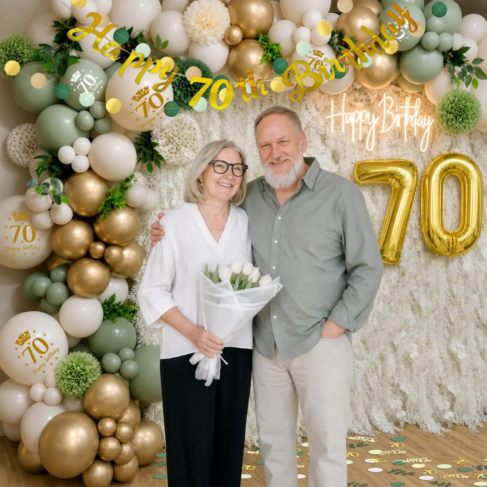 Almaxi Set Decorazioni 70 Anni Compleanno Verde Oro, Palloncini e Striscione Happy 70th Birthday - immagine 5