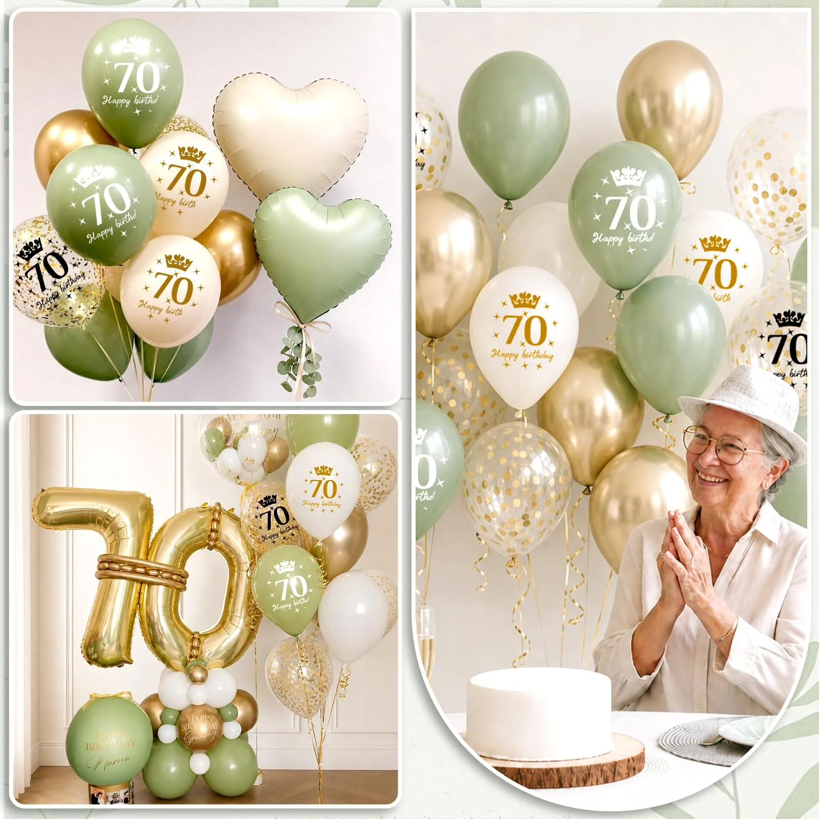 Almaxi Set Decorazioni 70 Anni Compleanno Verde Oro, Palloncini e Striscione Happy 70th Birthday - immagine 7