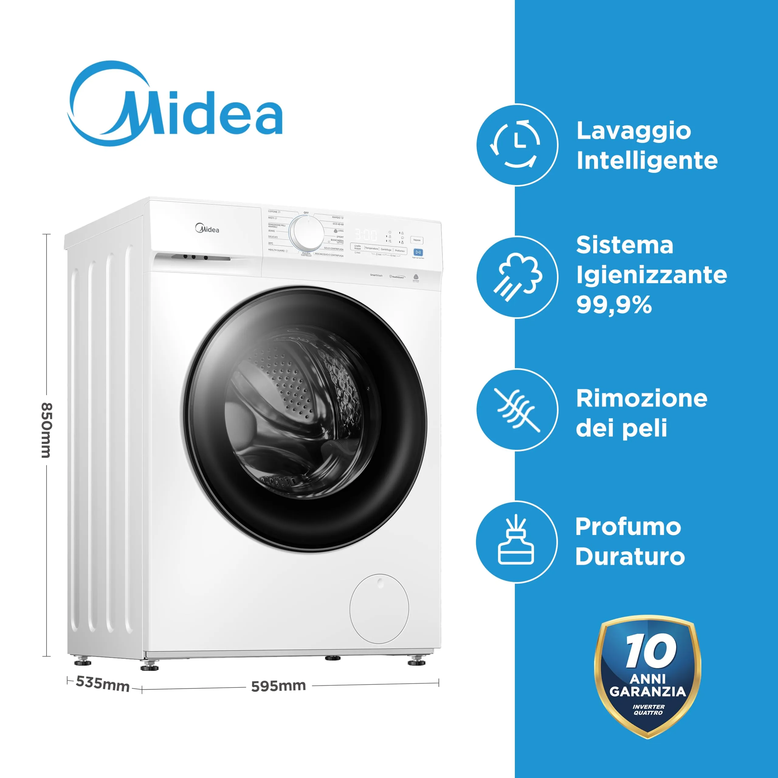 Midea Lavatrice 10 kg Classe A-10% 1400 Giri Silent Inverter Motor MFV3EW100BA10 - immagine 2