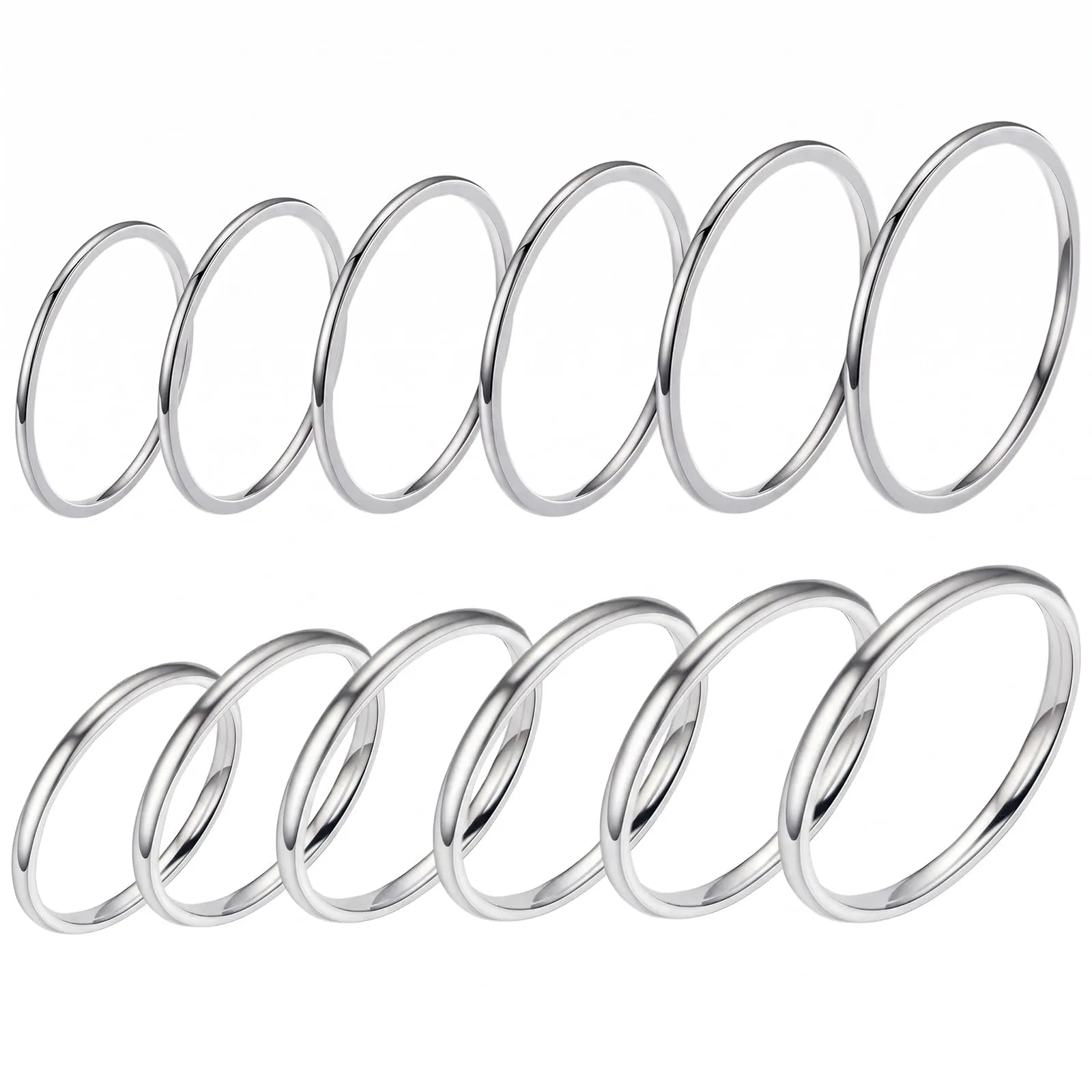 DBCEJF Set 12 Anelli Donna in Acciaio Inossidabile, Fedine Sottili 1mm e 2mm Impilabili, Taglie 5-10 - Argento - immagine 1