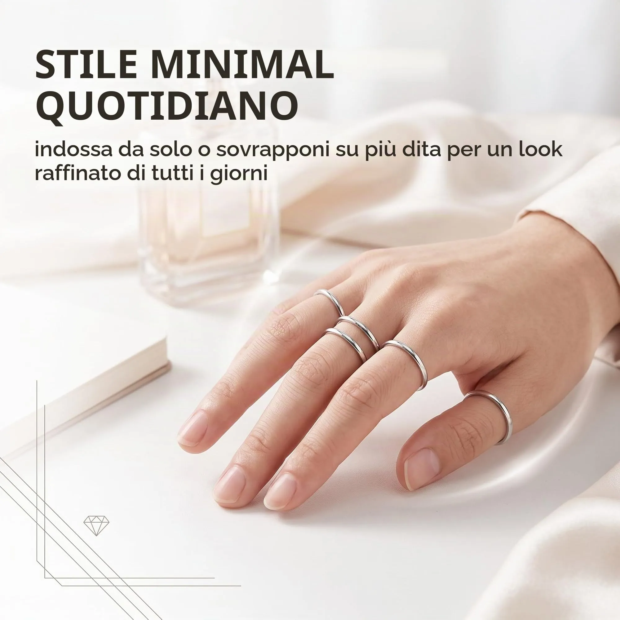 DBCEJF Set 12 Anelli Donna in Acciaio Inossidabile, Fedine Sottili 1mm e 2mm Impilabili, Taglie 5-10 - Argento - immagine 2