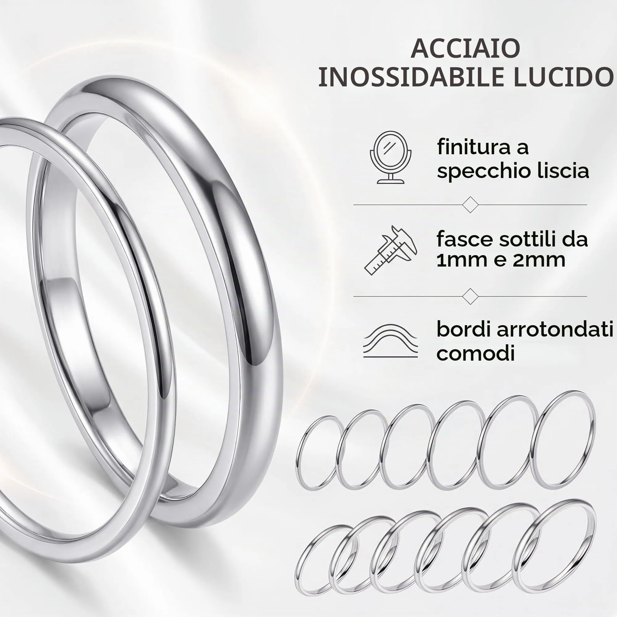 DBCEJF Set 12 Anelli Donna in Acciaio Inossidabile, Fedine Sottili 1mm e 2mm Impilabili, Taglie 5-10 - Argento - immagine 4