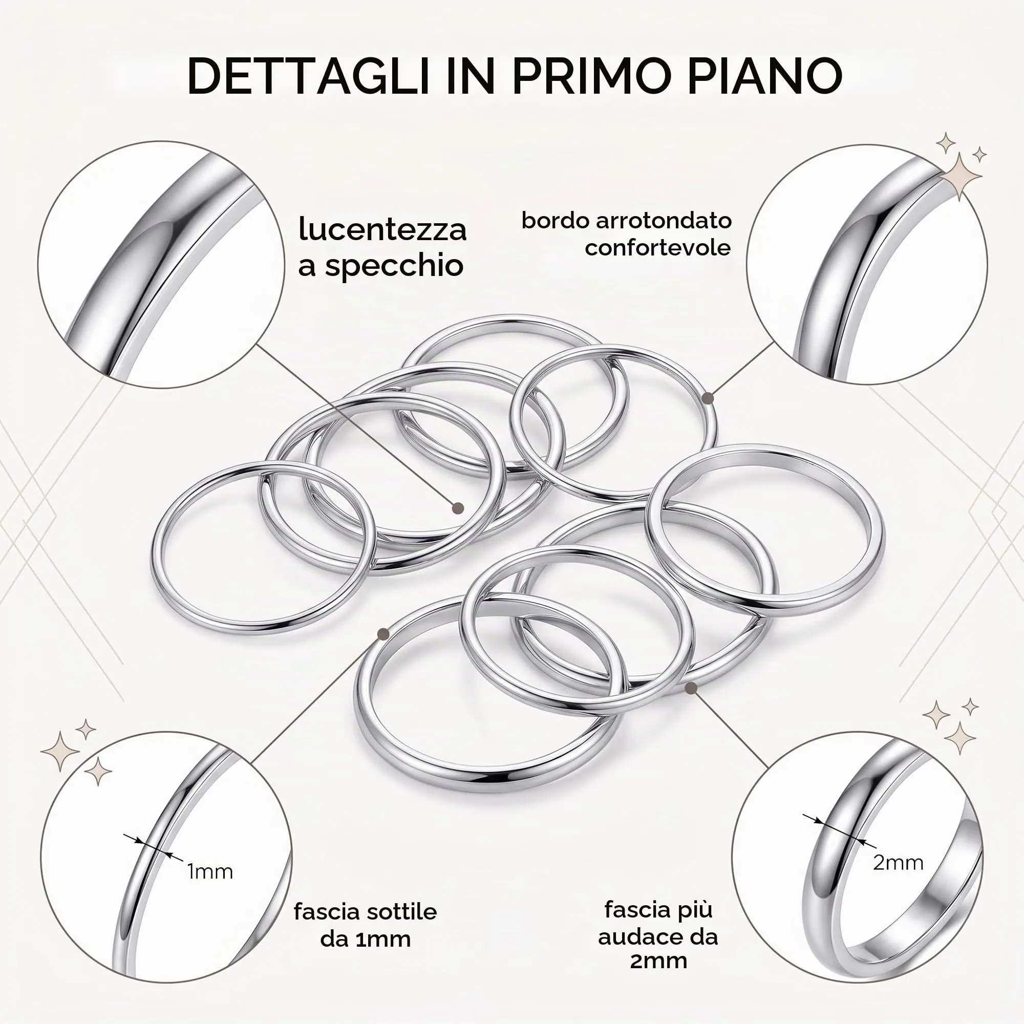 DBCEJF Set 12 Anelli Donna in Acciaio Inossidabile, Fedine Sottili 1mm e 2mm Impilabili, Taglie 5-10 - Argento - immagine 8