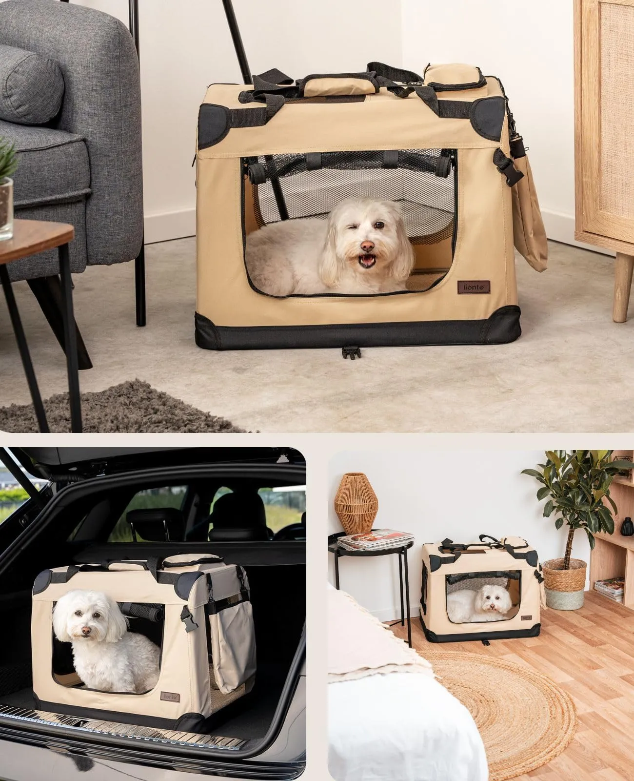 lionto Trasportino Cane Pieghevole per Viaggio e Auto, 60x42x44 cm, Beige - immagine 2