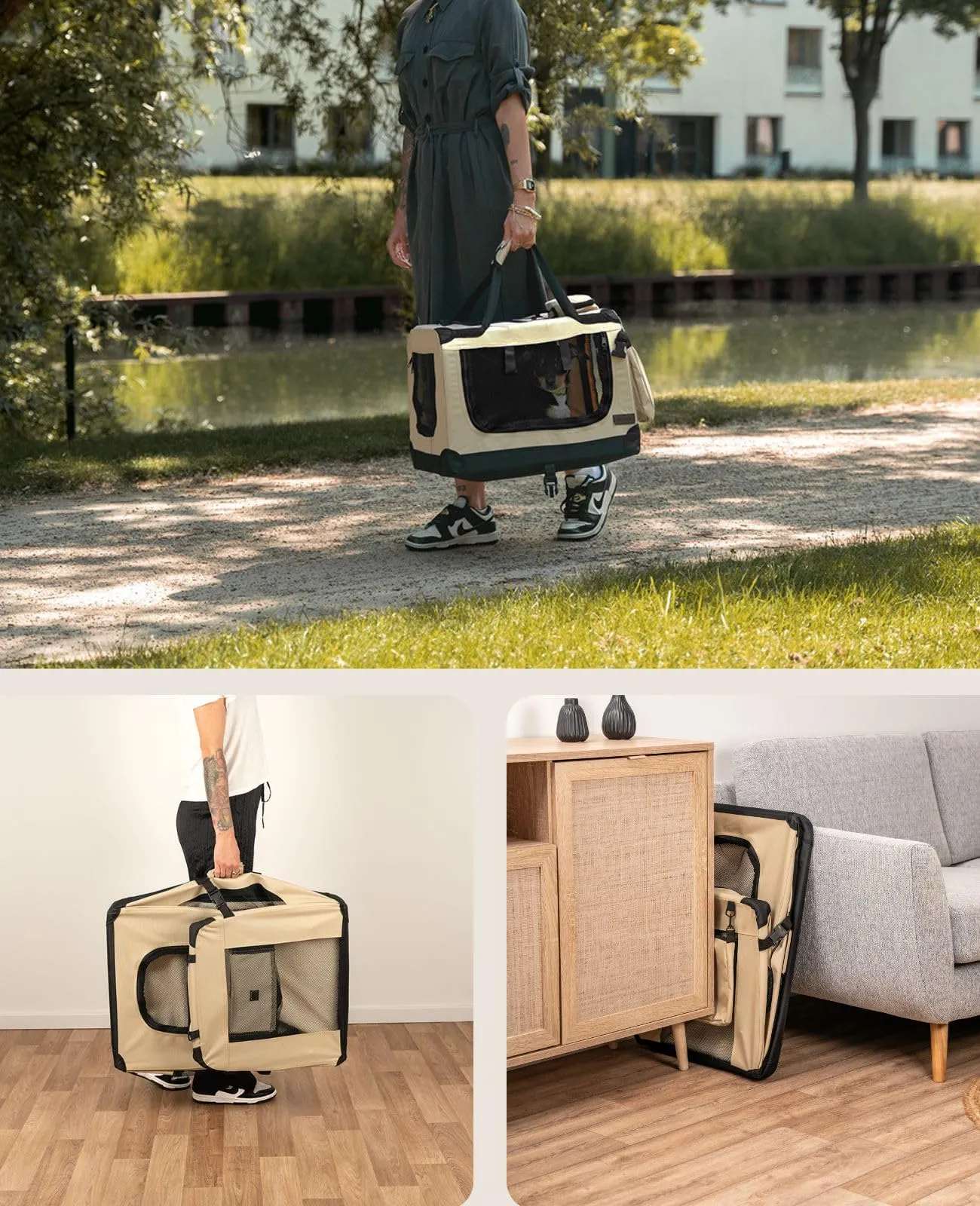 lionto Trasportino Cane Pieghevole per Viaggio e Auto, 50x34x36 cm, Beige - immagine 3
