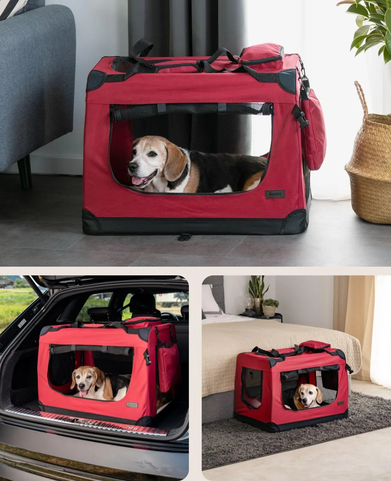 lionto Trasportino Cane Pieghevole per Viaggio e Auto, 70x52x50 cm, Rosso - immagine 2