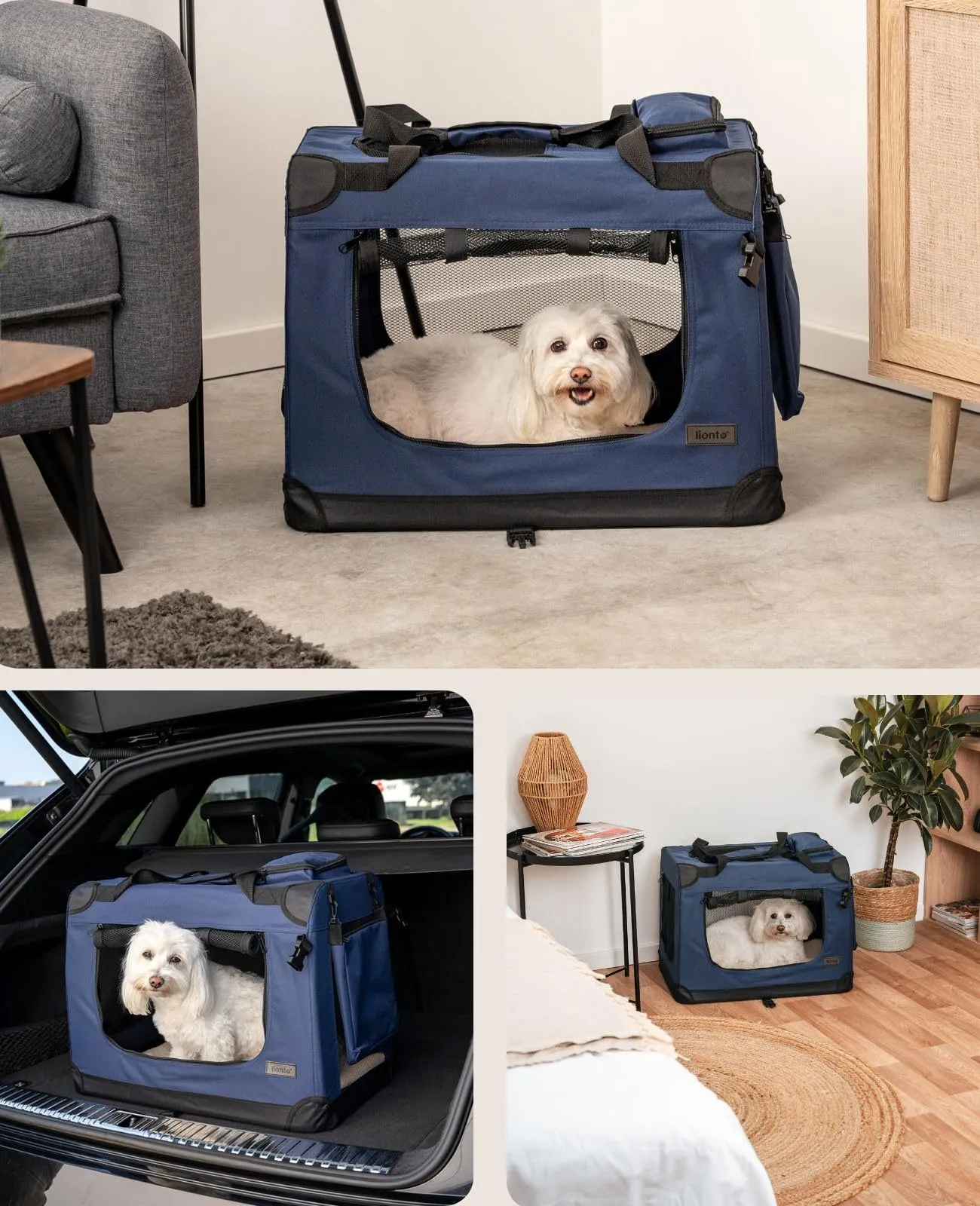 lionto Trasportino Cane Pieghevole per Viaggio e Auto, 60x42x44 cm, Blu - immagine 2