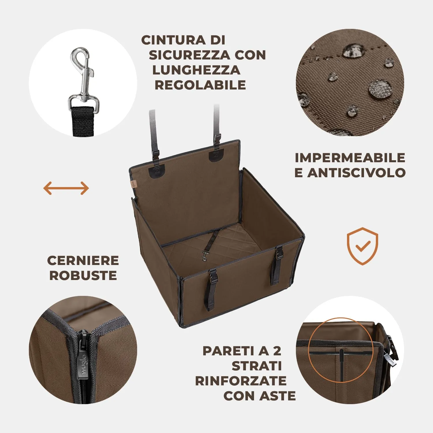 Wuglo Seggiolino Auto Cane Taglia M fino a 18 kg, Marrone - immagine 5