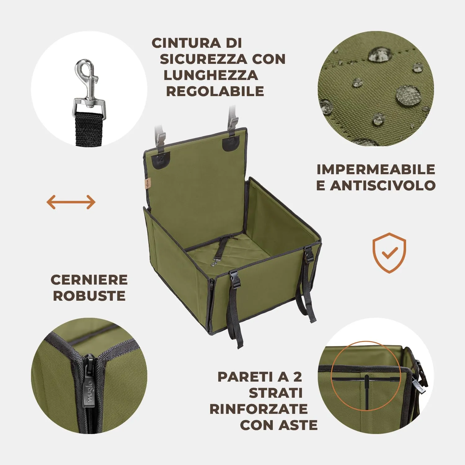 Wuglo Seggiolino Auto Cane Taglia S fino a 12 kg - Khaki - immagine 5