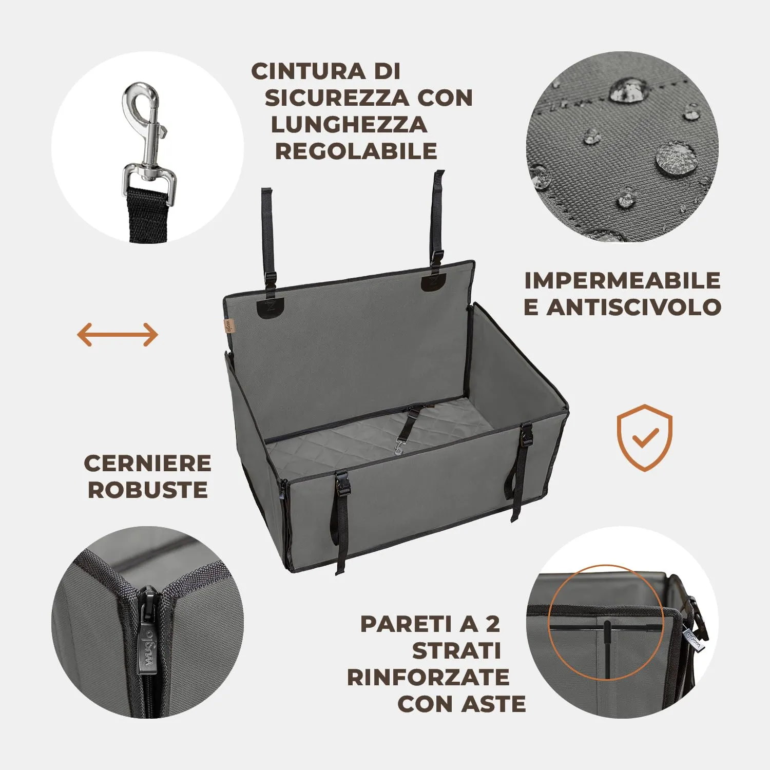 Wuglo Seggiolino Auto Cane Taglia L fino a 26 kg, Grigio - immagine 5
