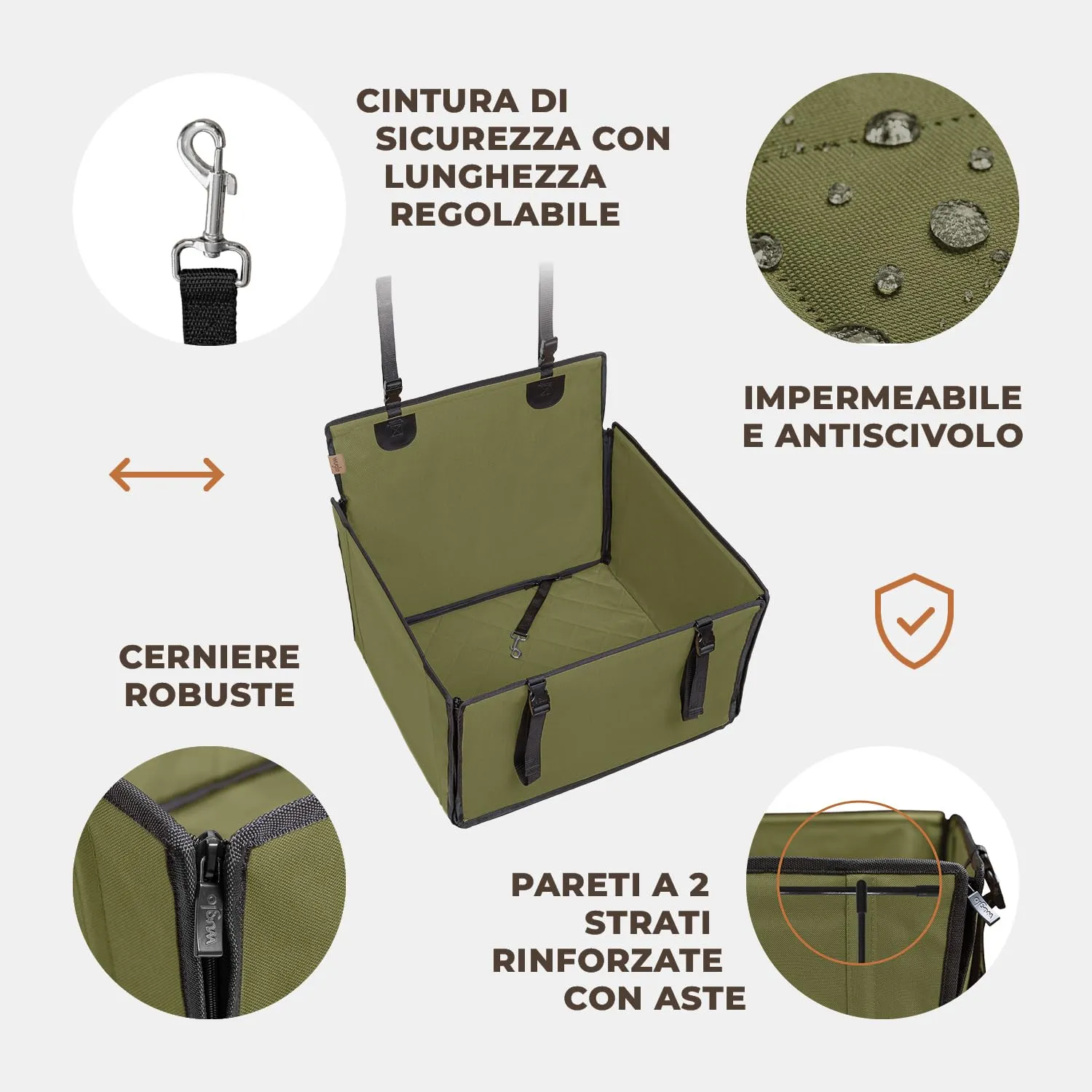 Wuglo Seggiolino Auto Cane Taglia M fino a 18 kg, Khaki - immagine 5