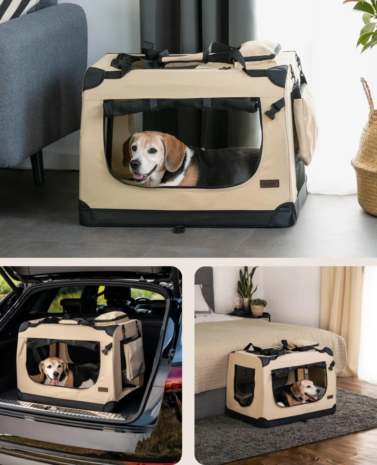 lionto Trasportino Cane Pieghevole per Viaggio e Auto, 70x52x50 cm, Beige - immagine 2