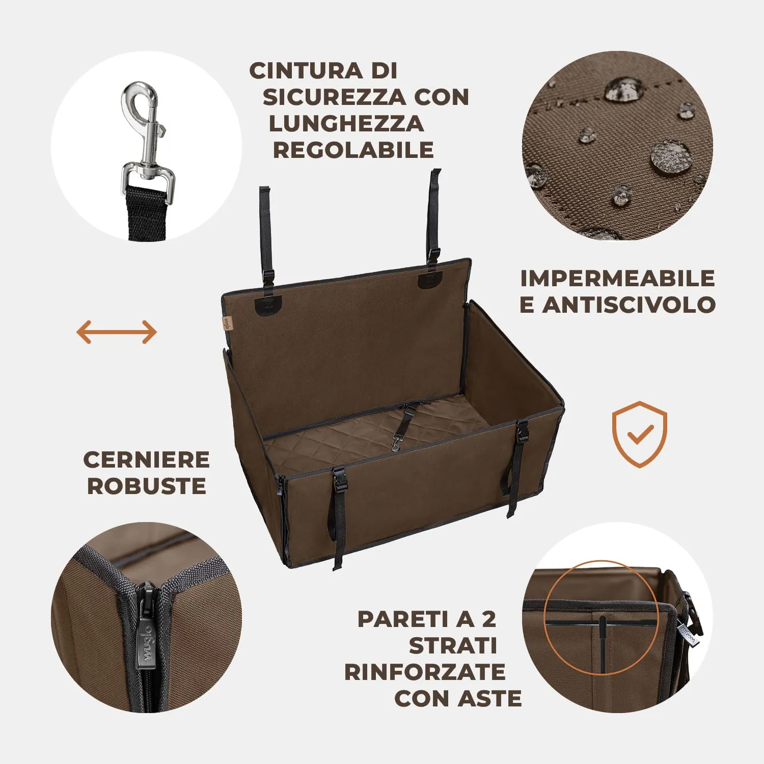 Wuglo Seggiolino Auto Cane, Taglia L, fino a 26 kg, Marrone - immagine 5