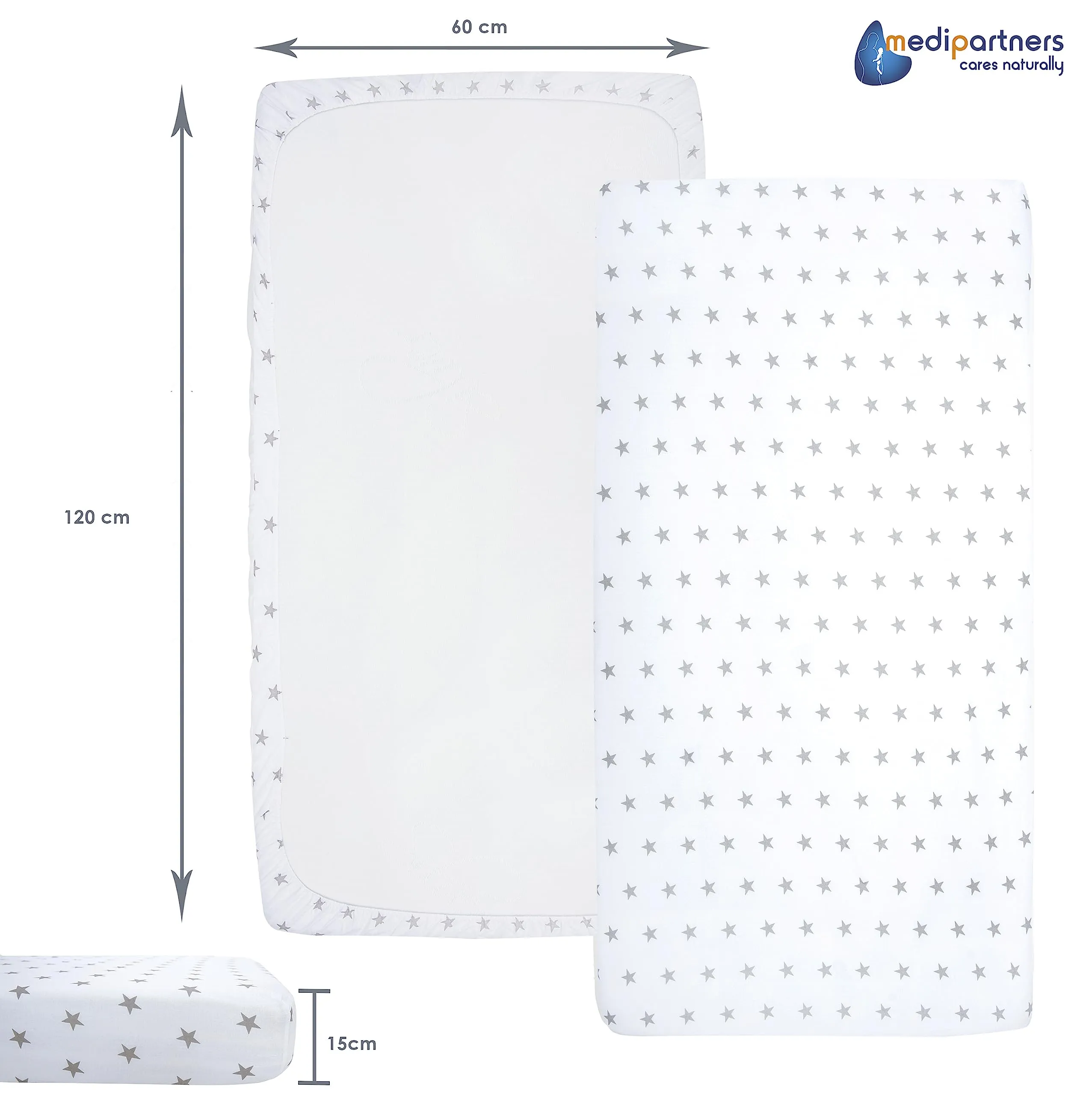 Medi Partners Set di 3 Lenzuola per Lettino Neonato 60x120, 100% Cotone con Angoli (Stelle Grigie Su Bianco-Bianco-Grigio) - immagine 4
