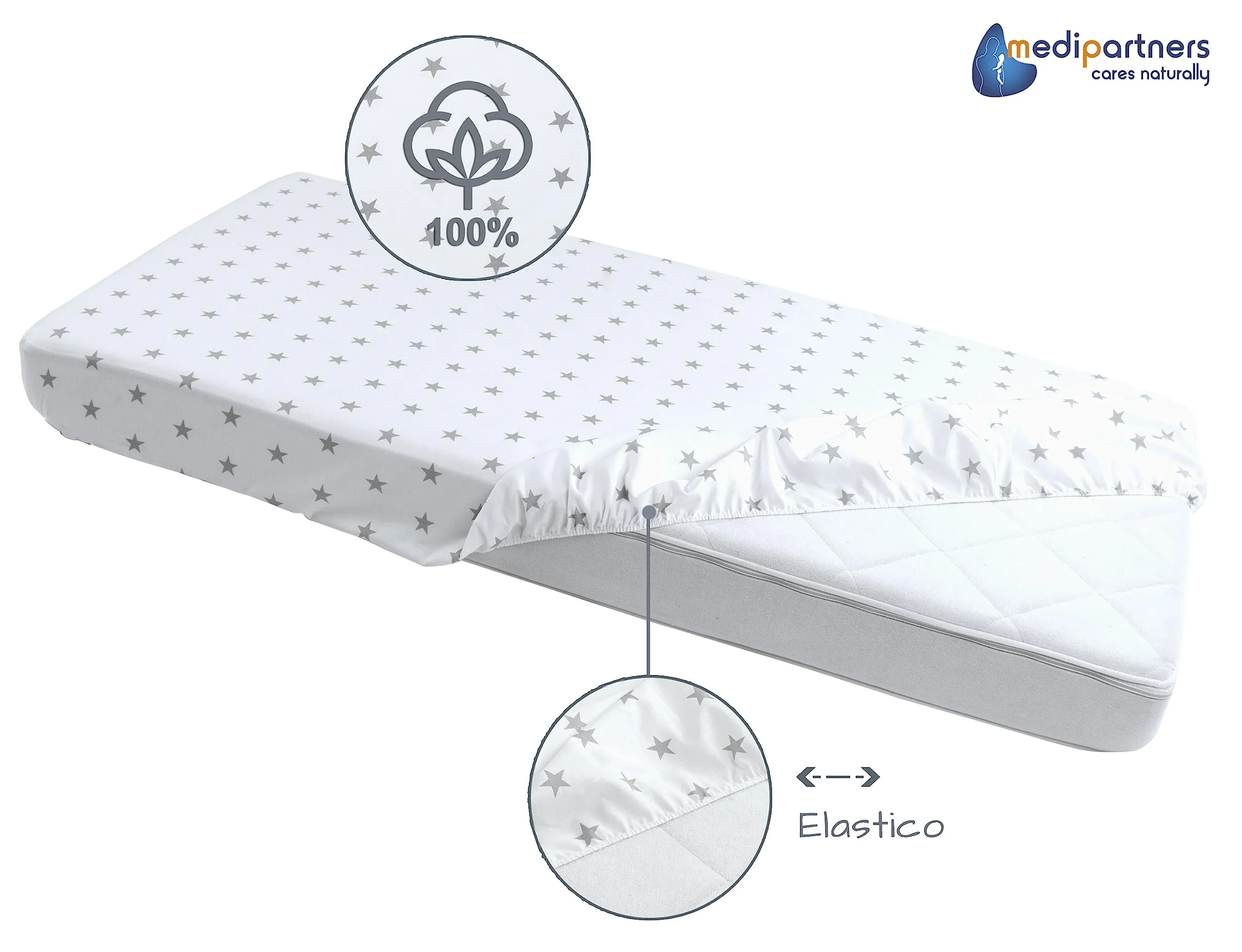 Medi Partners Set di 3 Lenzuola per Lettino Neonato 60x120, 100% Cotone con Angoli (Stelle Grigie Su Bianco-Bianco-Grigio) - immagine 5