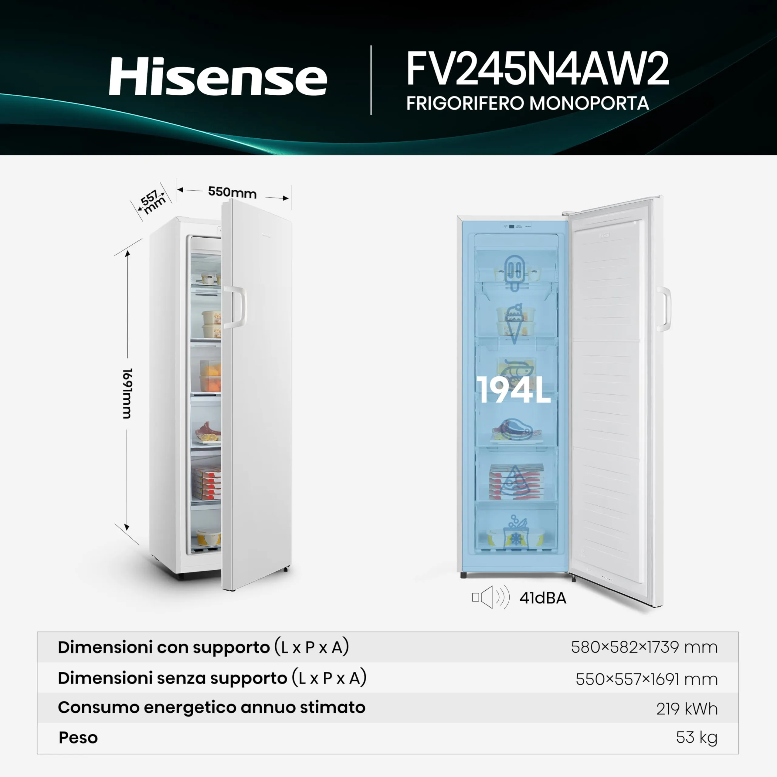 Hisense FV245N4AW2 Freezer Verticale Total No Frost, 194 L, Bianco, Porte reversibili - immagine 2