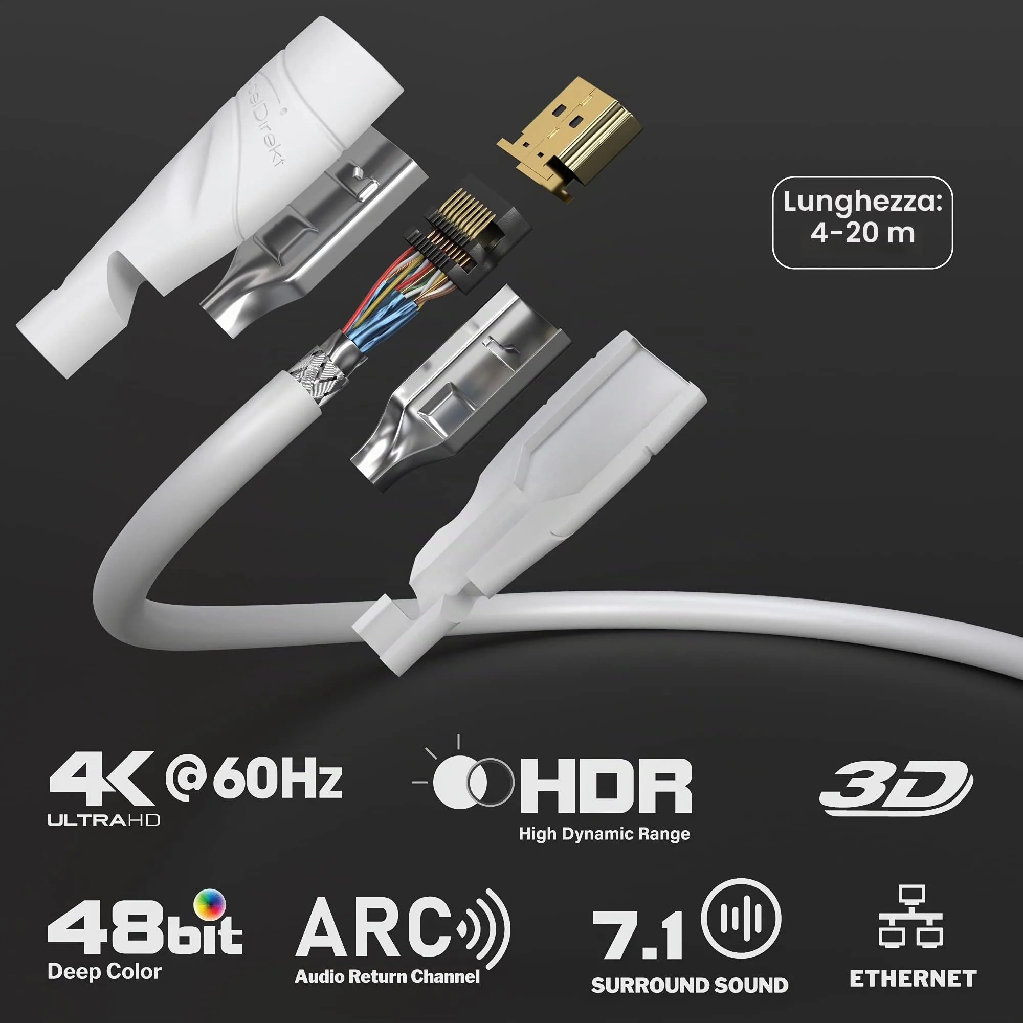 KabelDirekt Cavo HDMI 4K 7,5m Bianco - immagine 2
