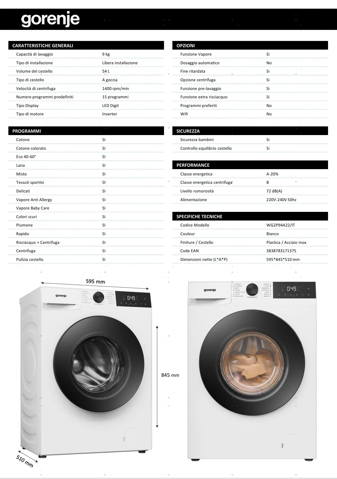 Gorenje WG2P94A22/IT Lavatrice Carica Frontale 9 kg, Vapore, Motore Inverter, Bianco - immagine 13