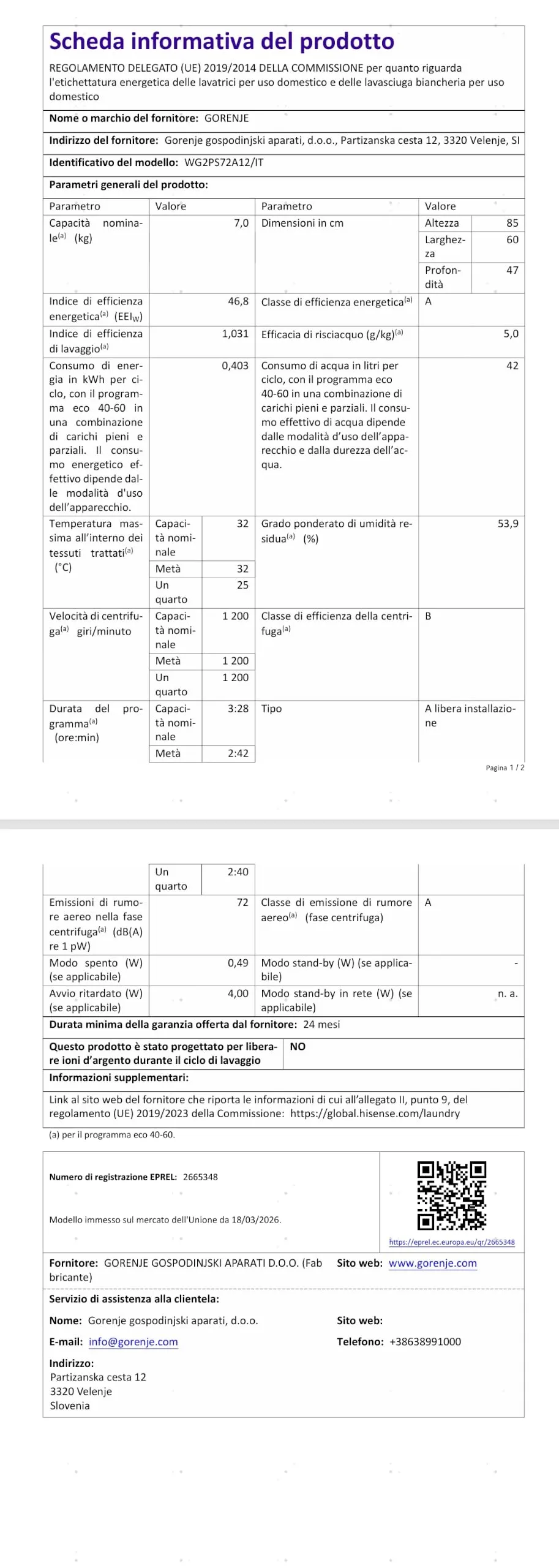 Gorenje WG2PS72A12/IT Lavatrice a Carica Frontale 7 kg, Classe A-10%, Bianco - immagine 11