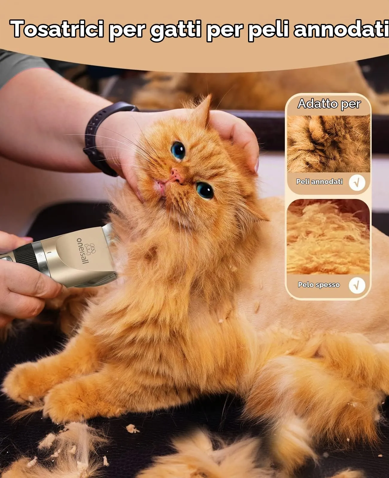 oneisall Kit di Toelettatura per Gatti a Pelo Lungo, Tosatrice Silenziosa a 2 Velocità Cordless per Cani e Animali (Oro) - immagine 2