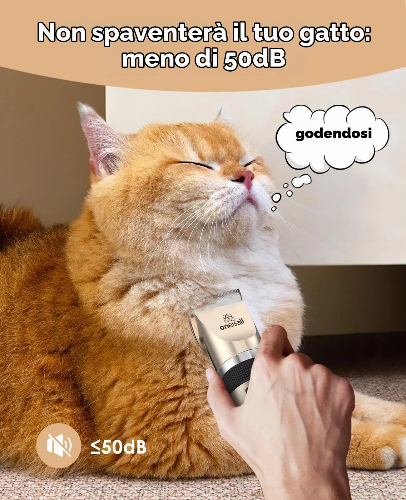 oneisall Kit di Toelettatura per Gatti a Pelo Lungo, Tosatrice Silenziosa a 2 Velocità Cordless per Cani e Animali (Oro) - immagine 4