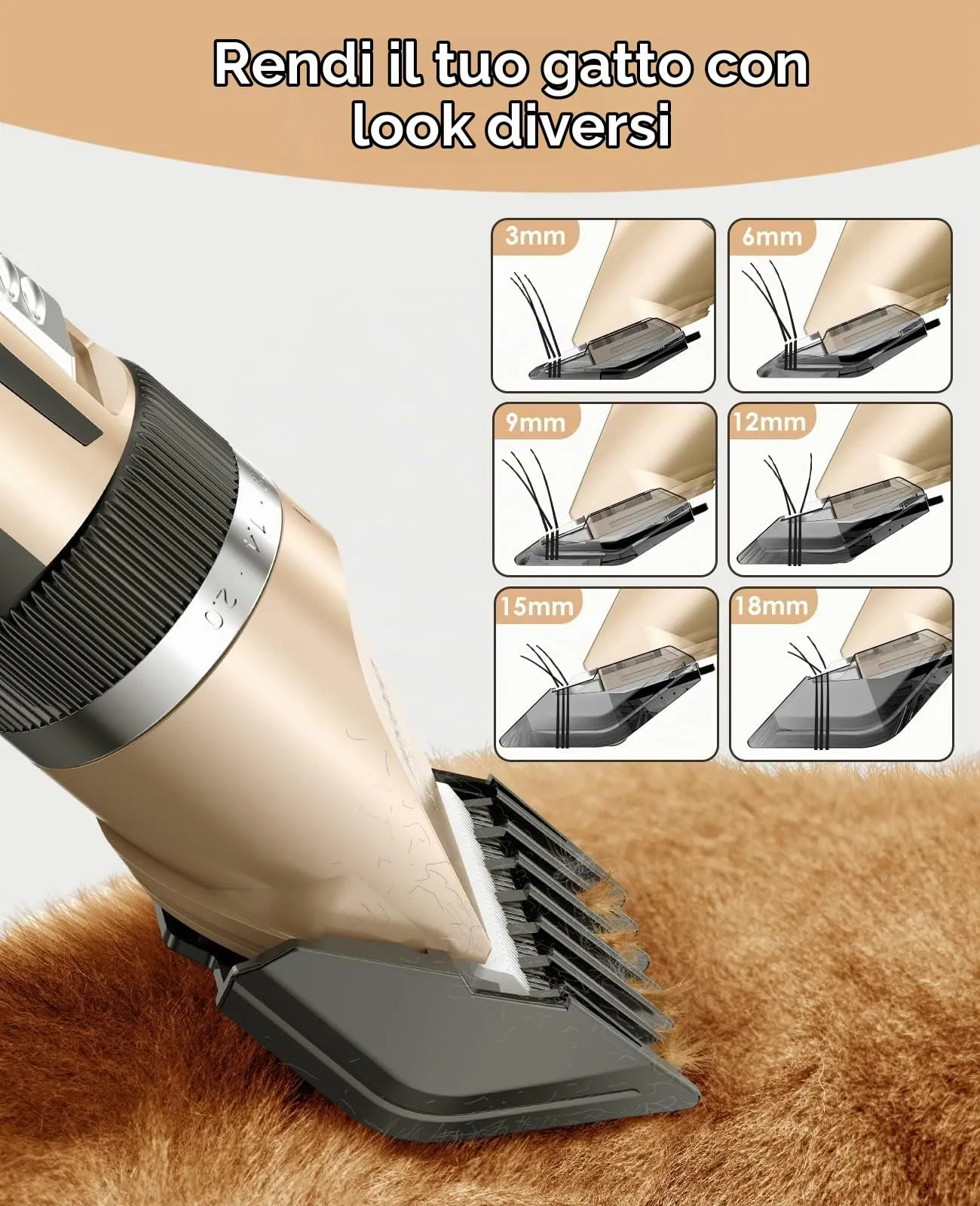 oneisall Kit di Toelettatura per Gatti a Pelo Lungo, Tosatrice Silenziosa a 2 Velocità Cordless per Cani e Animali (Oro) - immagine 6