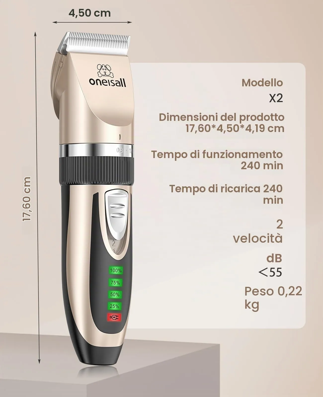 oneisall Kit di Toelettatura per Gatti a Pelo Lungo, Tosatrice Silenziosa a 2 Velocità Cordless per Cani e Animali (Oro) - immagine 7