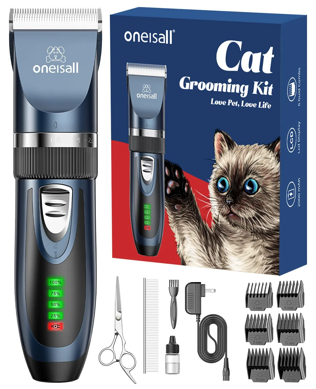 oneisall Rasoio per gatti a pelo lungo, 2 velocità, Blu Navy - immagine 1